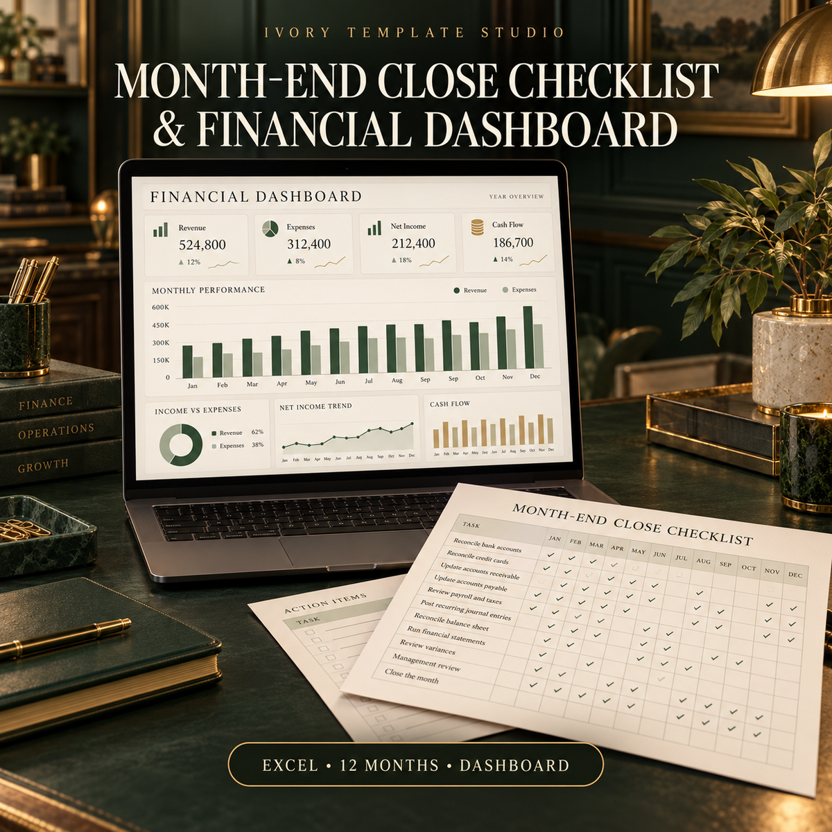 Month-End Close Checklist and Financial Dashboard Excel spreadsheet with 12-month financial summary, recurring close tasks, and management dashboard